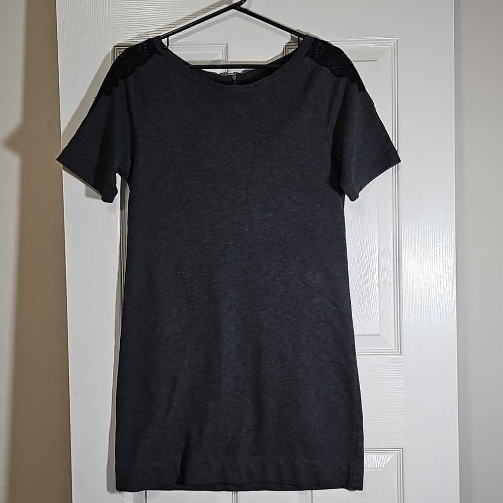 LOFT Grey 100% Cotton Short Sleeve Lace Shoulder Detail Midi Dress Size XS
